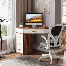 Tribesigns Corner Desk, Triangle Computer Desk With 3 Drawers, 90 Degree Writing Desk PC Table Makeup Vanity Desk With Storage For Home Office, Living Room, Bedroom (Reversible Drawer Cabinet) - Trắng và Nâu - Xem 2