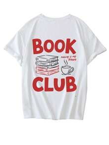 Summer New Simple Fashion INS Literary Healing Black & Red Contrast Book Pile Print Casual Round Neck White Short Sleeve T-Shirt, Fashionable & Versatile Women Top - White - View 4
