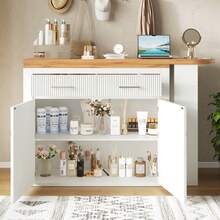 Extendable Bar Table With Storage (137-215*39*102.3cm), Modern Movable Bar Table, Telescopic Bar Table With One Drawer And Two Shelves, High Table Kitchen Island Bistro Table, Black - White - View 4