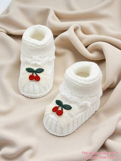 1 par de botitas suaves de punto para bebé con bordado de cereza, zapatos de cuna para bebé blancos, calzado de invierno de media altura para 0-12 meses