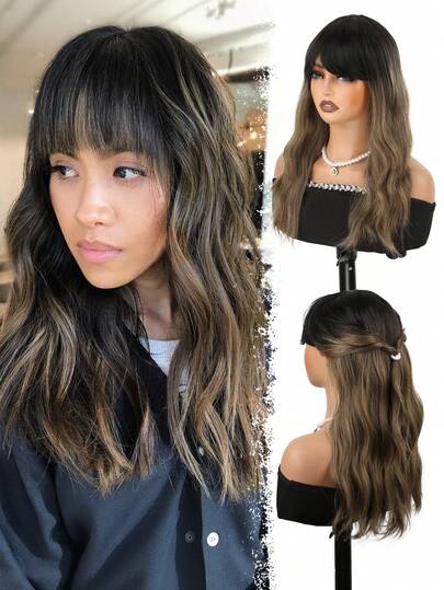 20inch Shoulder Curly Ombre Brown Or14inch Synthetic Wigs For Women With Bangs Nature Wave Hair Fashionable Wigs Cosplay Daily Wig Ladies Wig For Christmas New Year Carnival Music Festival
