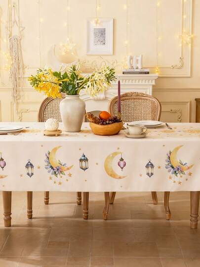 1pc Beige Tablecloth, Bohemian Style With Gold Moon & Stars, Geometric Patterns, Colorful Flowers, Lantern Designs, Washable, Rectangular Tablecloth For Home, Kitchen, Dining Room, Living Room, Dining, Gathering, Party, Arabic Festival Celebration, Holiday Decor, Gift