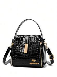 女士漆皮手提包，高品质内袋真皮水桶包，女士单肩包，奢侈品牌斜挎包，女士礼物 - 黑色 - 查看 2