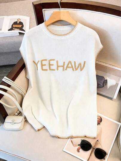 大码休闲撞色圆领无袖套头毛衣，适合早午餐场合，春秋季穿着