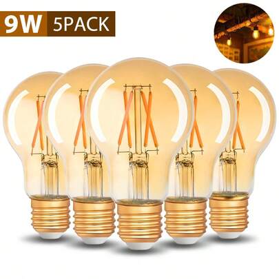 Kasotile Paquete de 5 bombillas LED A19 vintage, alta luminosidad 2700K blanco cálido, 9W base estándar E26, 800 lúmenes, CRI 80+, bombillas de filamento de vidrio transparente, adecuadas para el hogar, restaurante y granja. No regulable.