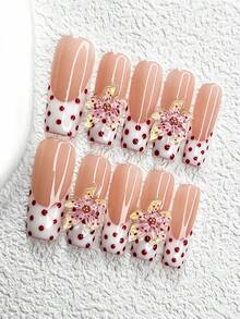 10片法式美甲贴纸，手工复古假指甲，红色波点美甲贴纸，3D五瓣花美甲配件，裸色指甲油，三种形状可选：杏仁形、鸭嘴形、棺材形，包含美甲工具（1片果冻贴纸+1个指甲锉），适合女孩/女性，也适合拍照和聚会等场合。手工美甲贴纸。 - 彩色 - 查看 14