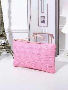 1件装时尚女士草编链条手提包 - 大容量，草编包 - 拉链封口托特包，编织手机零钱包，拉链封口，带编织手柄，涤纶衬里，可收纳手机、钥匙、零钱 - 休闲沙滩包，日常购物包，天然编织设计，彩色绳带，旅行配件，波西米亚风格 - 彩色 - 查看 4