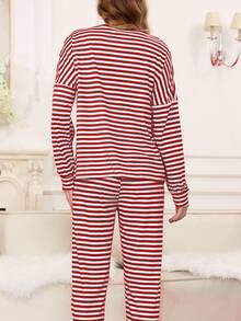 2pcs Women Solid Color Minimalist Striped Pajama Set, With Pockets, Drawstring Pants And Contrast Color Round Neck Top - Red - View 6