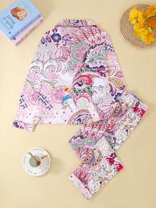 2 pezzi Set pigiama da donna, top a maniche lunghe con colletto e bottoni, pantaloni larghi in vita elastica, con stampa paisley, adatto per tutte le stagioni, comodo e rilassato, per uso domestico e all'aperto - Rosso - Visualizzare 2