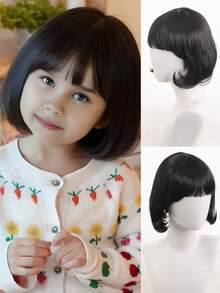 Peluca corta de 10 pulgadas y 2 pinzas para el cabello con moño rosa, peluca sintética resistente al calor, accesorios para el cabello de niñas con pinzas de moño - Negro natural - Ver 14