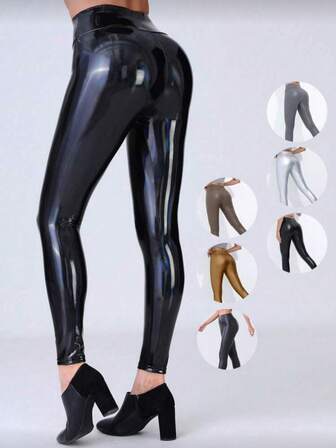 High Waist PU Leather Skinny Tapered Pants, Punk Music Festival Women's Casual Leggings, Black, Comfortable