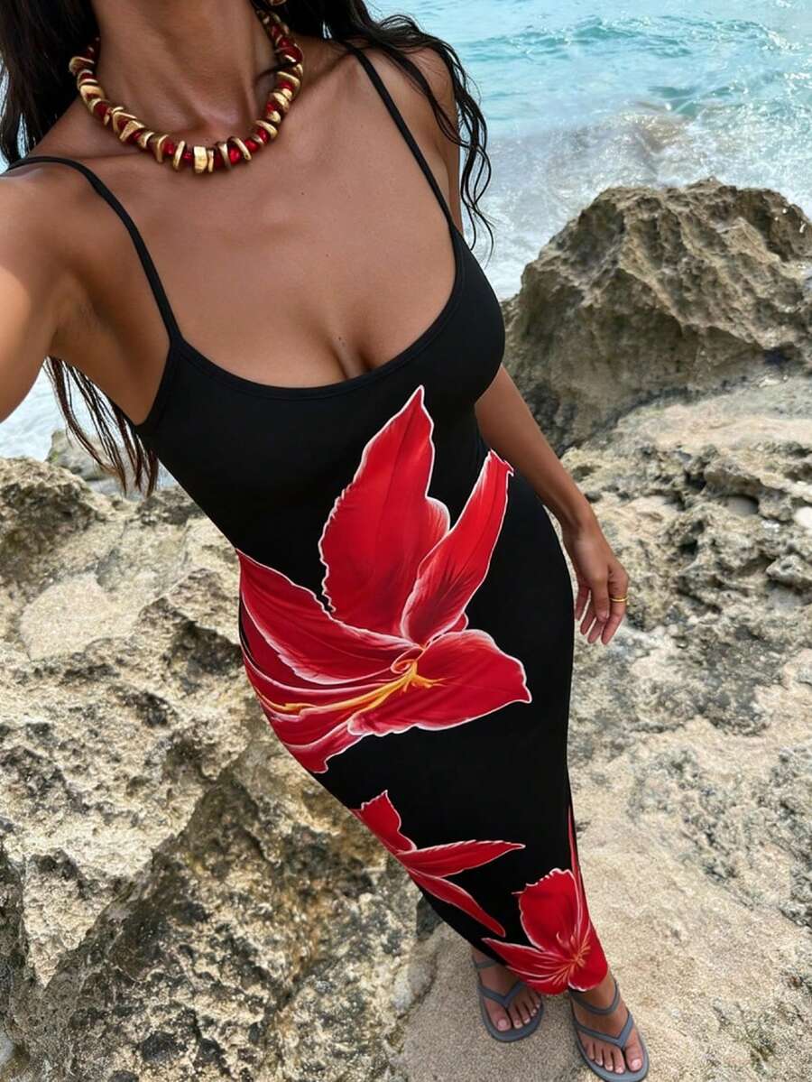 1pc Women's Elegant Ditsy Floral Swimsuit Cover Up, Sexy Beach Resort Swimwear, Floral Dress, Women Beach Outfit, Women Holiday Outfit