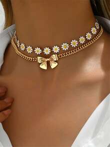 2pcs/Set Summer Daisy Metal Bow Tie Jewelry Necklace, Dopamine Trending Alloy Flower Pendant Necklace, Fashionable Bow Tie Necklace For Women, Suitable For Daily Wear - Multicolor - View 1
