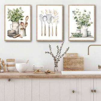 Küchen Wanddekoration | Moderne Wandkunst | Landhausstil Kunst | Efeu Kunst | Essbesteck Kunst | Boho Kunst | 3 Stück Wandkunst | Heimdekoration | Minimalistische Kunst | Sommer Kunst | Schlafzimmer Leinwand Poster, Modernes Küchen Geschenk, Geburtstags- oder Abschlussgeschenk