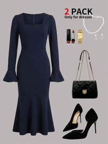 Elegante vestido de tubo de color liso con mangas de campana para uso diario - Azul Marino - Ver 3