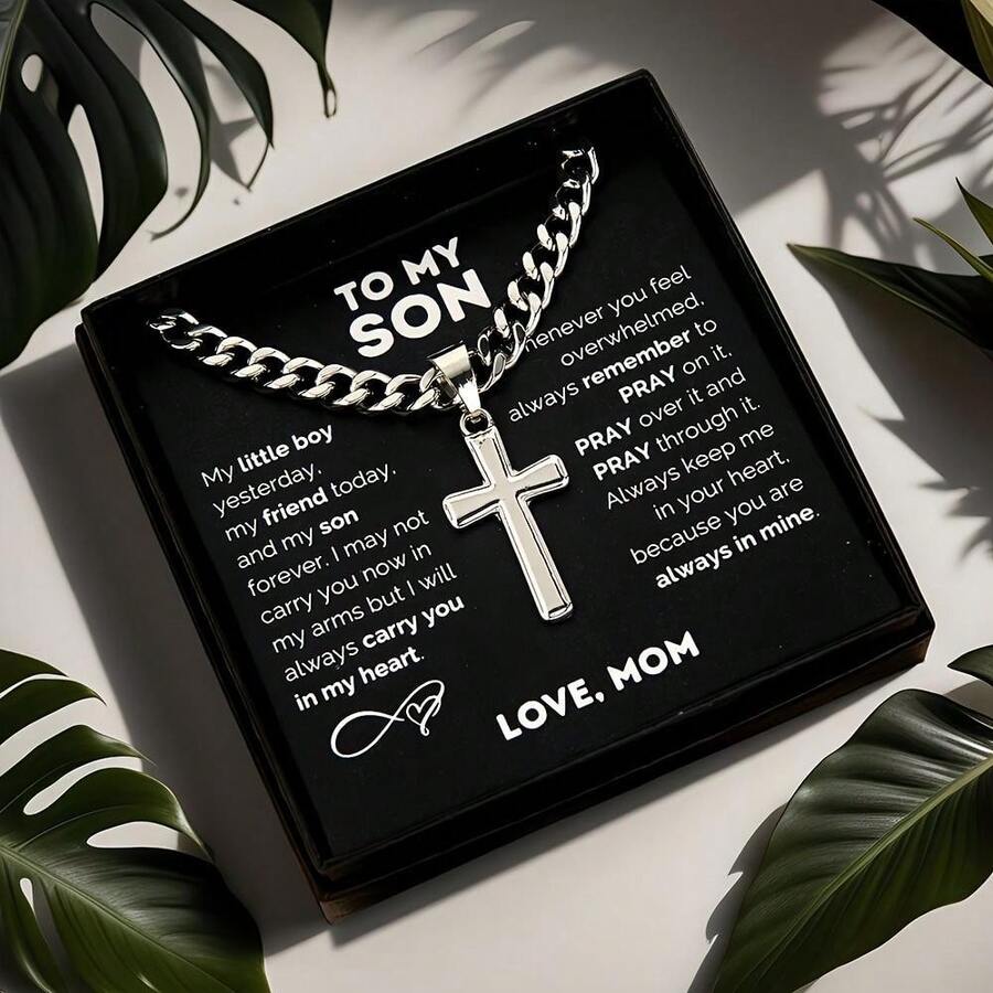 1pc "To My Son" Stainless Steel Cross Pendant Necklace, Birthday Gift, Valentine's Day Gift, Christmas Gift, With Card And Gift Box Packaging, The Perfect Gift For Loved Ones Personalized - Hộp quà màu bạc. - Xem 1