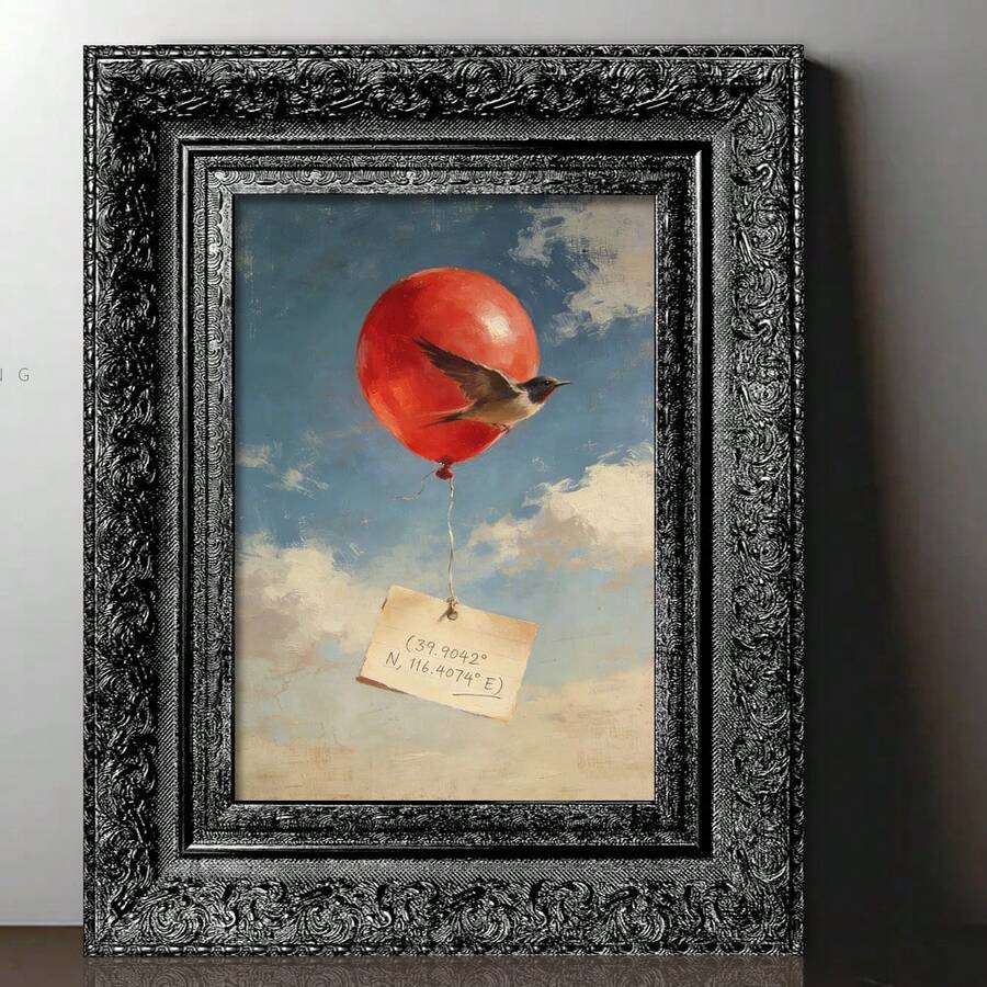 1pc Multi-Size Fashion Art PS Photo Frame, Whimsical Red Balloon & Swallow Pattern, Coordinating Memo, Artistic Oil Painting Brushstrokes, Black/Gold Rectangular, Exquisite 3D Carving, Decorative Frame To Enhance Ambiance, Suitable For Home Living Room, Bedroom, Entryway Wall Decor - Multicolor - View 1