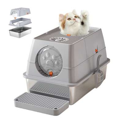  Techigher Stainless Steel Cat Litter Box With Lid,Large Metal Litter Box,Enclosed Cat Litter Box,Front Entry Top Exit Litter Box With Flip Cover,Removable Top And Litter Scooper,Tall Covered Dog Proof Litter Box