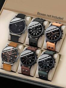 6pcs/Set Casual Sports Calendar Boy Quartz Watch, PU Leather Strap, Alloy Round Dial Case, Suitable For Daily Wear, Running, Travel, Valentine's Day Gift, Couple Watch, Luxury Accessory - 彩色 - 查看 1
