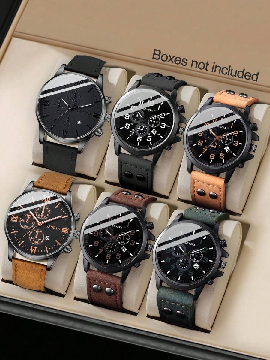 6pcs/Set Casual Sports Calendar Boy Quartz Watch, PU Leather Strap, Alloy Round Dial Case, Suitable For Daily Wear, Running, Travel, Valentine's Day Gift, Couple Watch, Luxury Accessory - 彩色 - 查看 1