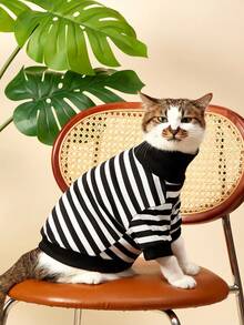 PETSIN 1 件狗狗衣服，条纹高领毛衣，适合雪纳瑞、泰迪、贵宾犬等小型犬，弹性透气宠物秋冬装 - 黑與白 - 查看 8