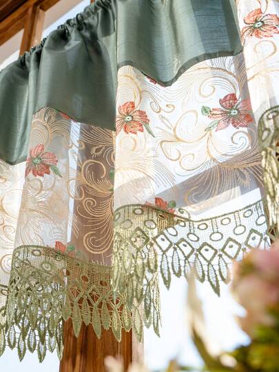 1pc Bohemian Lace, High-Precision Embroidered Floral Sheer Curtain Panel - Rod Pocket Design, Washable Polyester Material, Perfect For Living Room, Bedroom, Balcony, Kitchen, Cabin, And Garden Window Decoration, Living Room Curtain