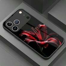 1 pieza Funda de teléfono de material de vidrio con patrón de lirio rojo sobre fondo negro vintage, de alta gama y elegante, adecuada para vidrio templado de Apple