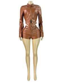 SEBOWEL PU Leather 2 Piece Set Women Sexy 2-Way Zipper Long Sleeve Jacket Top And Shorts Slim Motorcycle Style Club Party Outfits - Cà phê nâu - Xem 4