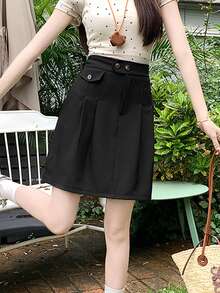 Unique Design High Waist Pleated Mini Skirt, School Style Thigh-Length Skirt For Women - Black - View 4