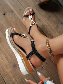 Women's Fashion 2026 Summer Vacation Style Black Beaded Linen Rope Sole 5.5CM Slip-On Sandals, Women's Retro Wedge Thick Bottom Bohemian Woven Slip-On Sandals - Black - View 5