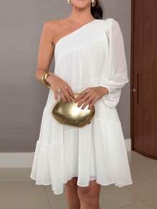Đầm midi nữ kiểu dáng thường ngày, trễ vai, tay phồng, chất liệu chiffon bất đối xứng, thanh lịch cho mặc hàng ngày, hẹn hò, đi nghỉ mát, màu trắng mùa hè. - trắng - Xem 6