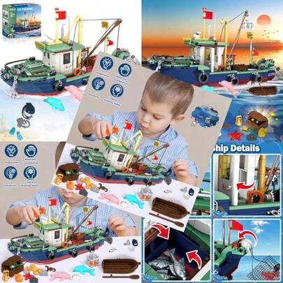 City Ocean Explorer Boat Building Set 603 PCS Exploration Ship Building Block Kit Toys With Fish Cage Treasure Chest And Gear Birthday Gifts For Boys And Girls Ages 6-12+Material Safety And Rich Functionality