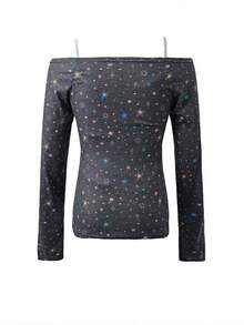 两件套露肩长袖星形印花披肩和吊带T恤，性感别致黑色度假春季装扮 - 黑色 - 查看 7