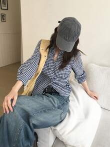 Autumn Cinched Waist Striped Long Sleeve Shirt Tops - Blue - View 4