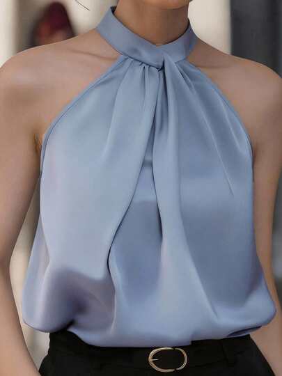 Blusa de satén de unicolor con botones, pliegues y cuello halter retorcido, adecuada para la oficina, citas nocturnas, uso diario, fiestas de cumpleaños, vacaciones, fiestas de té, verano