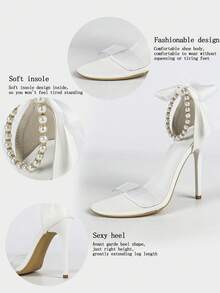 Women's Pearl Anklet Decorated Peep Toe Lace-Up High Heel Sandals, Elegant White High Heel Sandals For Summer - White - View 6