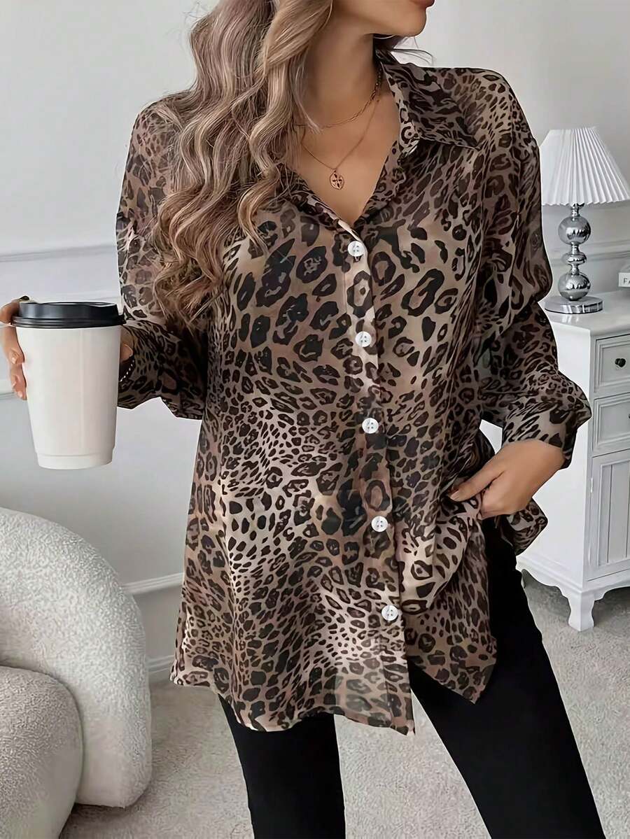 新款加大码女式豹纹中长款纽扣衬衫 - 棕色 - 查看 1