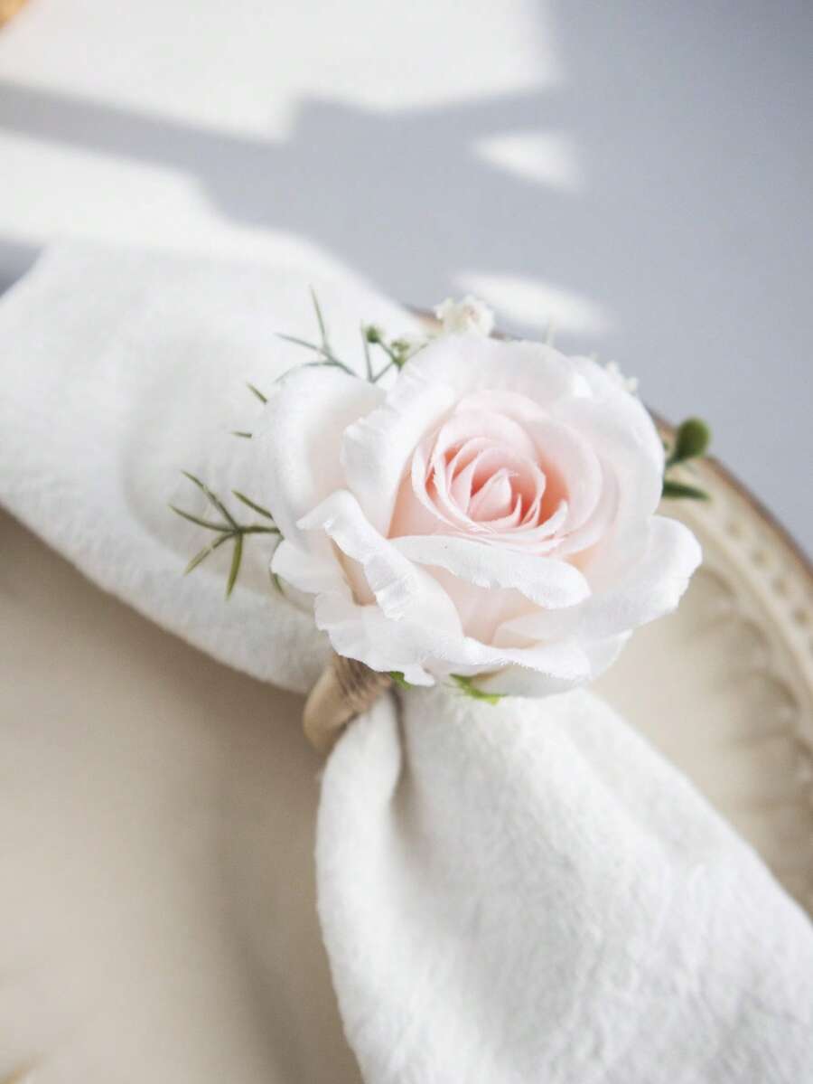 1 pieza Anillo de servilleta de rosa artificial de madera, decoración de mesa de comedor para boda, fiesta, baile de graduación, cena, decoración rústica de mesa - Multicolor - Ver 1