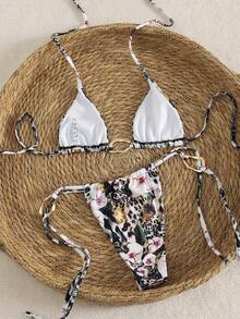 Novo Conjunto de Maiô Bikini com Estampa Floral, Decor de Metal, Decote Halter, Amarração Nas Costas, Exposição, para Mulheres, Férias, Praia, Verão - Multicolorido - Visão 2