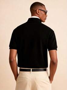 Camvyn 男士休闲宽松半拉链立领短袖毛衣，街头时尚，春夏款 - 黑色 - 查看 2