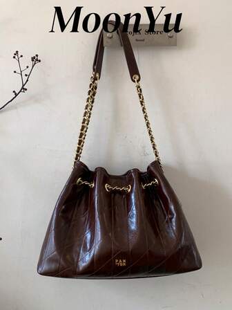 Women's Drawstring One Shoulder Bag, Fashionable & Elegant Quilted Diamond Pattern With Metal Chain, Coffee Color, Suitable For Shopping, Commuting, And Dating