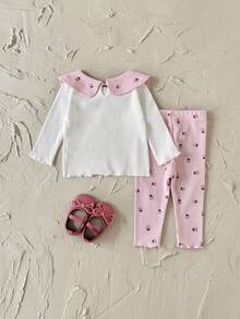 2pcs/Set Toddler Baby Girls' Cute Strawberry Print Bow Decor Long Sleeve Sweatshirt And Pants Set, Spring/Autumn - Pink - View 9