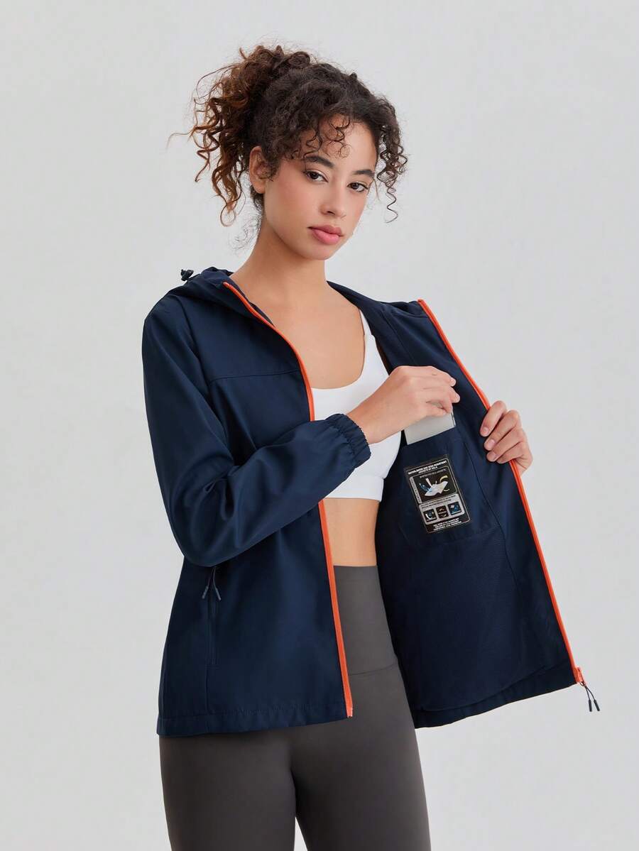 Chaqueta cortavientos de contraste de color para mujer, chaqueta deportiva impermeable y a prueba de viento para exteriores, transpirable, de manga larga, para correr, ciclismo, senderismo, para uso diario casual con cremallera, para primavera