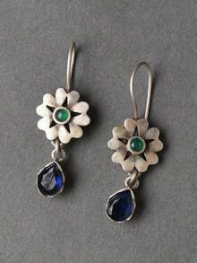 1 Đôi bông tai thời trang cổ điển màu bạc với mặt dây chuyền hình hoa nhỏ giọt nước màu xanh dương, kiểu dáng Bohemian thanh lịch dành cho nữ, thích hợp làm quà tặng dự tiệc ngày lễ. - Hoa tai - Xem 1