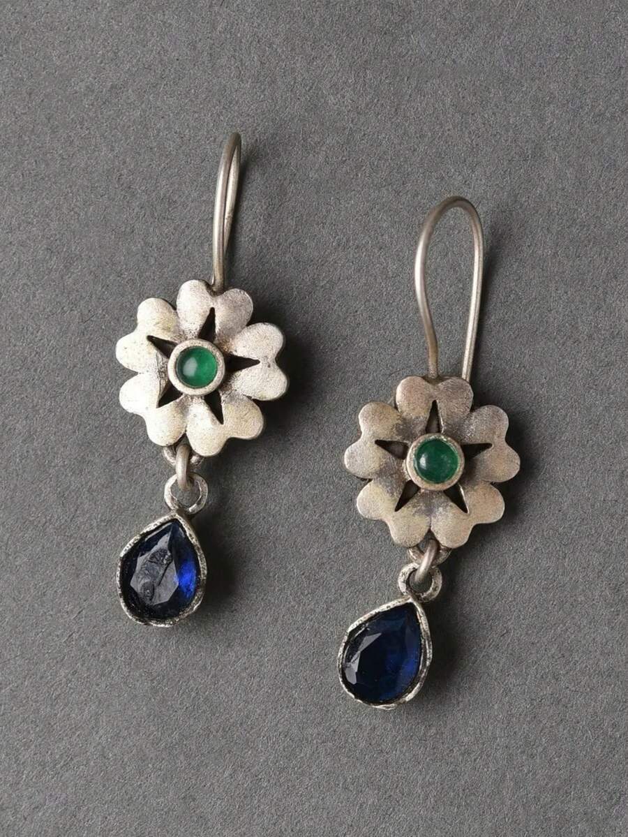 1 Đôi bông tai thời trang cổ điển màu bạc với mặt dây chuyền hình hoa nhỏ giọt nước màu xanh dương, kiểu dáng Bohemian thanh lịch dành cho nữ, thích hợp làm quà tặng dự tiệc ngày lễ. - Hoa tai - Xem 1