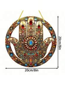 阳光捕捉器 - 波西米亚风格亚克力墙饰，哈姆萨之手主题牌匾，多用途装饰标牌，适用于家居、花园、门廊、客厅墙面装饰 - 阳光捕捉器圆形牌匾（1 件） - 香檳色 - 查看 2