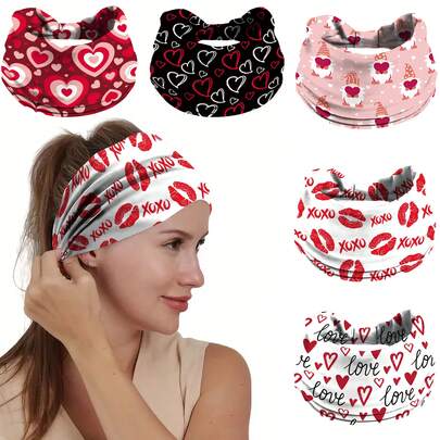 (Día de San Valentín) 1 pieza/5 piezas Diadema con estampado digital de corazón de moda, diadema deportiva absorbente del sudor, retro, elástica, antideslizante, ancha, accesorio para el cabello para yoga, ejercicio, correr, pañuelo para la cabeza, diadema deportiva absorbente del sudor, banda para el cabello de playa de verano, bandana para mujeres