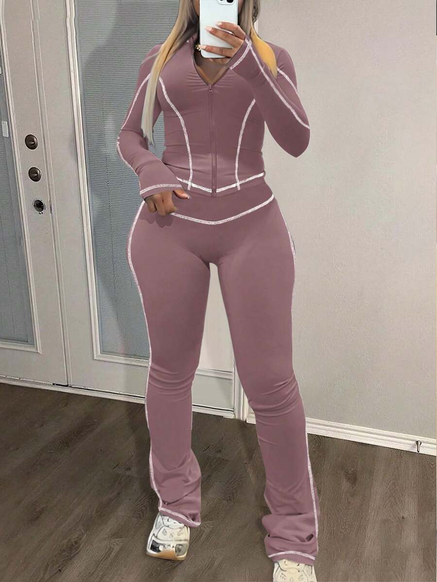 LovelyWholesale Women's Stand Collar Long Sleeved Zipper Striped Contrasting Trim Jacket And Pants Set Spring Clothing