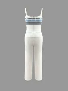 女士轻薄休闲日常无袖系带蝴蝶结针织上衣和抽绳腰针织裤两件套，春夏款 - 彩色 - 查看 7