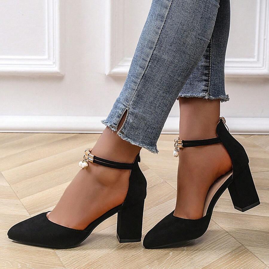 女士新款尖头镂空珍珠高跟鞋，性感粗跟时尚凉鞋 - 黑色 - 查看 1